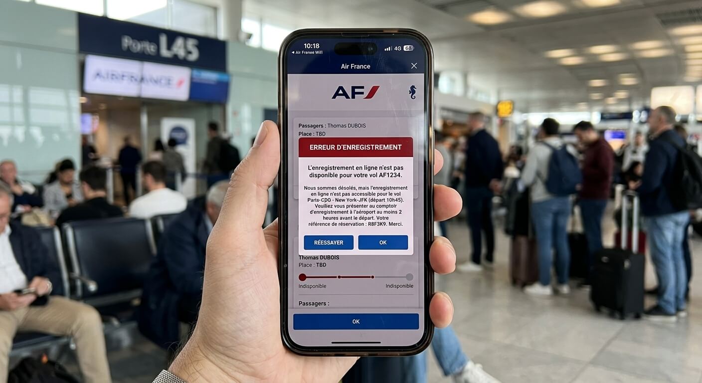 Message d'erreur sur l'application Air France indiquant que l'enregistrement en ligne est indisponible pour le vol.