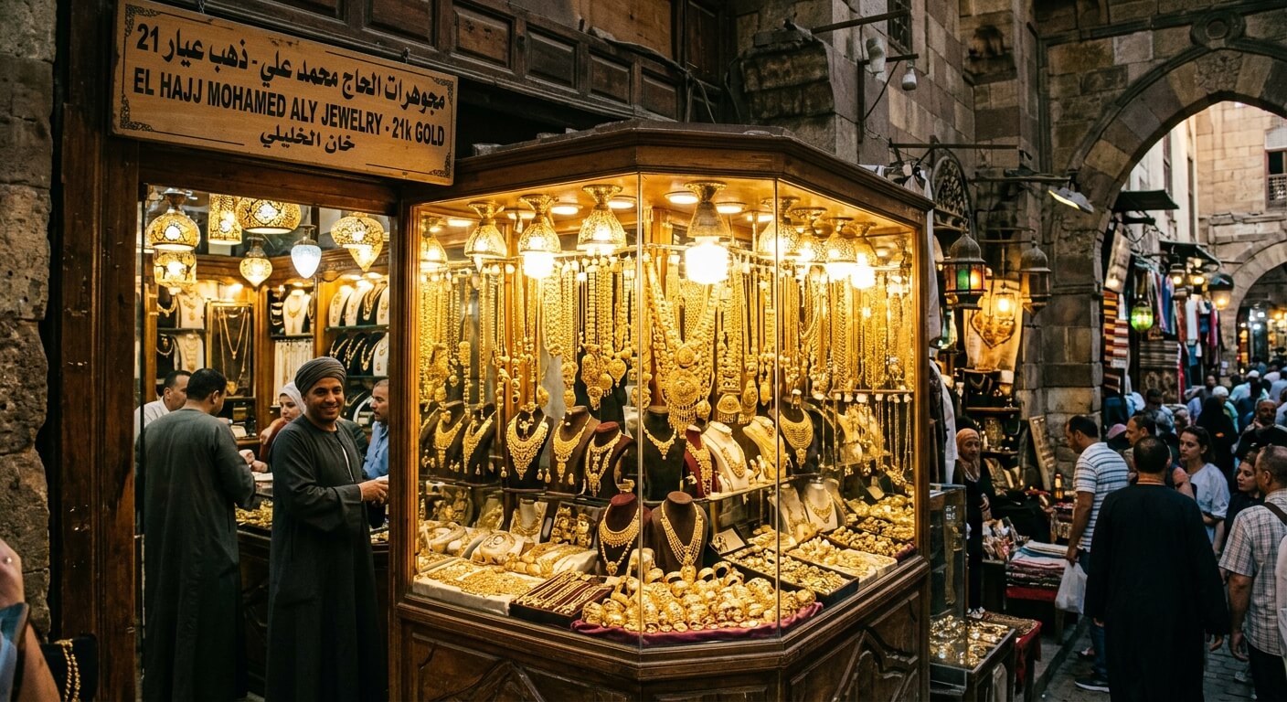 Vitrine scintillante de bijoux en or dans le souk Khan El Khalili au Caire.