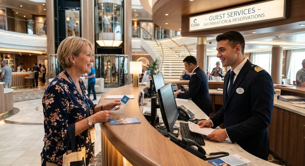 Refuser les frais de service Costa : ce qui est vraiment possible 4 Passager échangeant avec le personnel de la réception d'un paquebot de croisière.