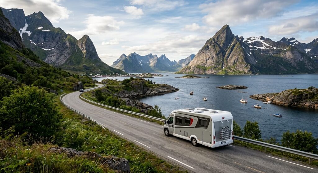 Voyager jusqu'au Cap Nord en camping-car : itinéraire, budget et conseils 2 Un camping-car roulant sur une route côtière bordée de fjords en Norvège.