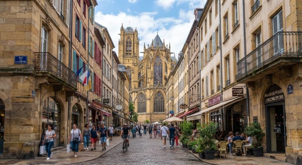 Quartiers à éviter à Metz : sécurité, secteurs sensibles et zones calmes 2 Rues piétonnes du centre historique de Metz et vue sur la cathédrale Saint-Étienne.