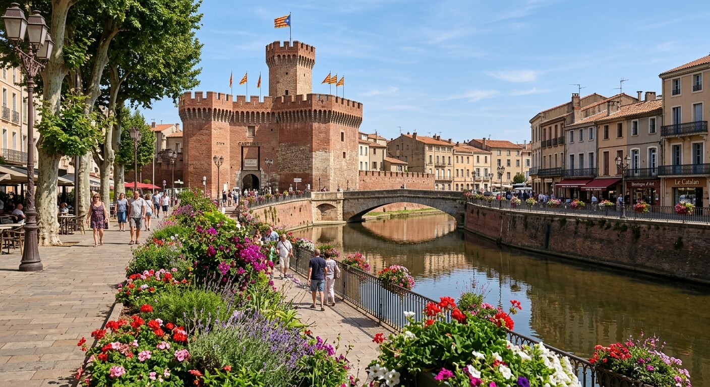 Vue sur le monument du Castillet et les quais fleuris du centre de Perpignan.