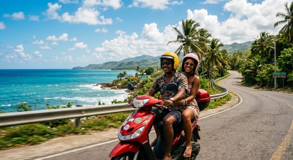 Deux personnes circulant à scooter sur une route côtière en République Dominicaine.
