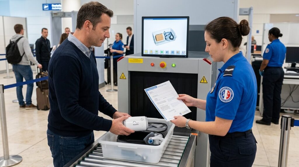 Passage au scanner de sécurité aéroportuaire d'un appareil médical CPAP avec certificat.