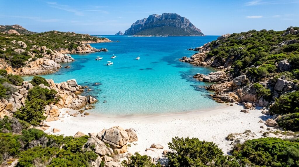 Crique de sable blanc et mer turquoise sur la côte près d'Olbia.