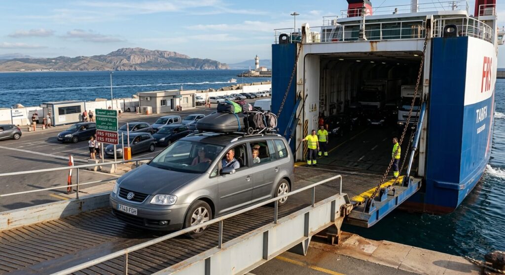 France-Maroc en voiture : itinéraires, ferries, budget et formalités 2 Voiture familiale chargée embarquant sur un ferry pour la traversée du détroit de Gibraltar.