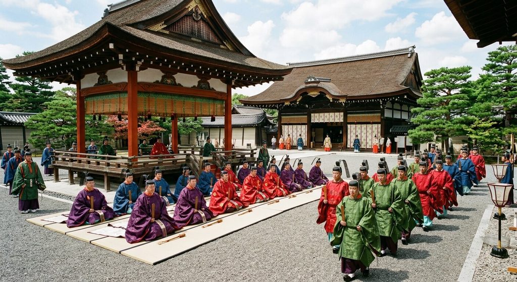 Cérémonie officielle à la cour impériale de Kyoto avec tenues traditionnelles sokutai.
