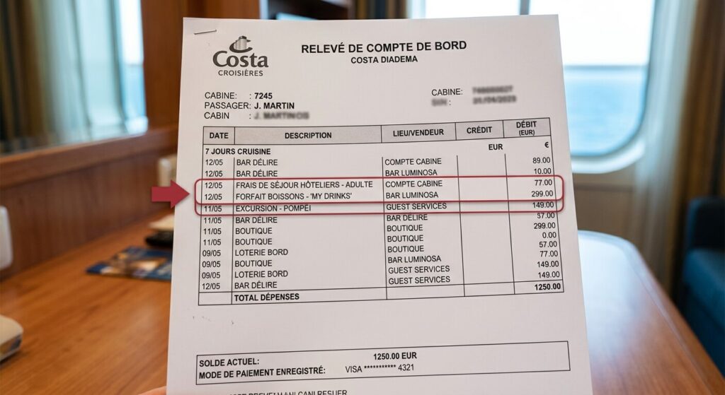 Refuser les frais de service Costa : ce qui est vraiment possible 3 Relevé de compte de bord affichant la ligne des frais de séjour hôteliers Costa.