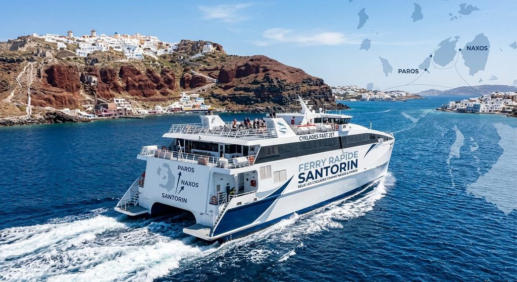 Une semaine à Santorin, trop long ? Cela dépend de ce que vous en faites 4 Ferry rapide reliant l'île de Santorin aux autres îles des Cyclades comme Naxos et Paros.
