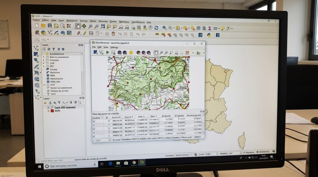Comment géoréférencer une carte IGN sur PC : tutoriel pas à pas 2 Écran de PC affichant le géoréférencement d'une carte IGN avec le logiciel QGIS.