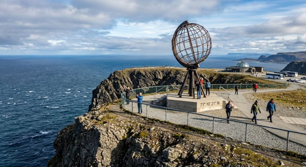 Voyager jusqu'au Cap Nord en camping-car : itinéraire, budget et conseils 4 Le célèbre monument du globe métallique au sommet de la falaise du Cap Nord.