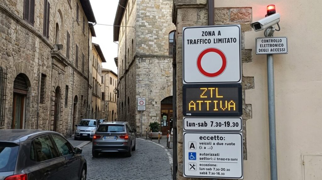 Amende ZTL en Italie avec une voiture de location, que faire ? 2 Panneau de zone à trafic limité (ZTL) en Italie avec caméra de surveillance.
