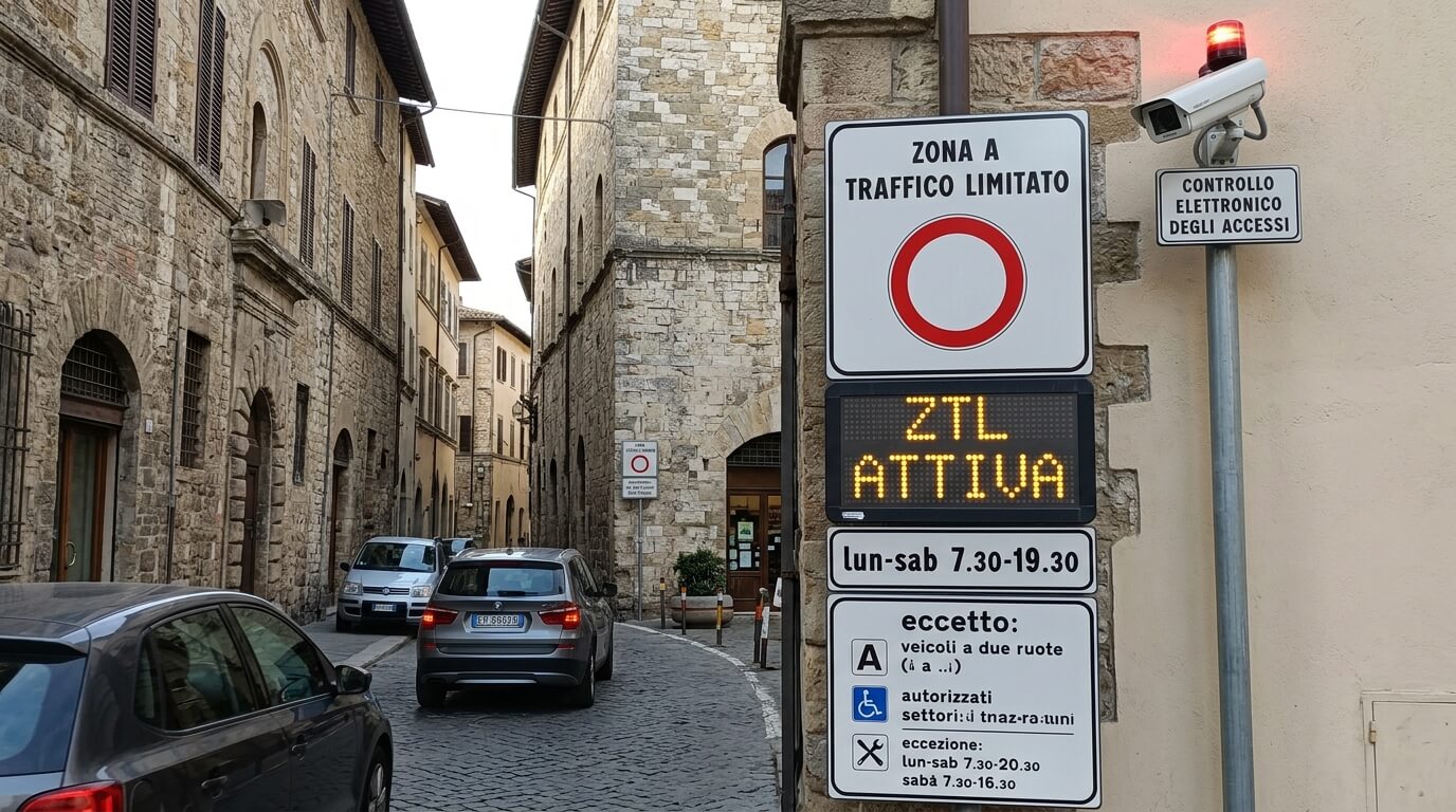 Panneau de zone à trafic limité (ZTL) en Italie avec caméra de surveillance.