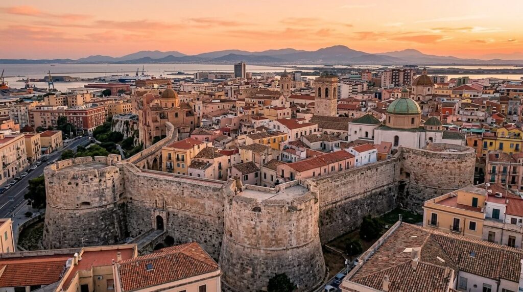 Vue sur les toits et remparts du quartier médiéval de Cagliari.