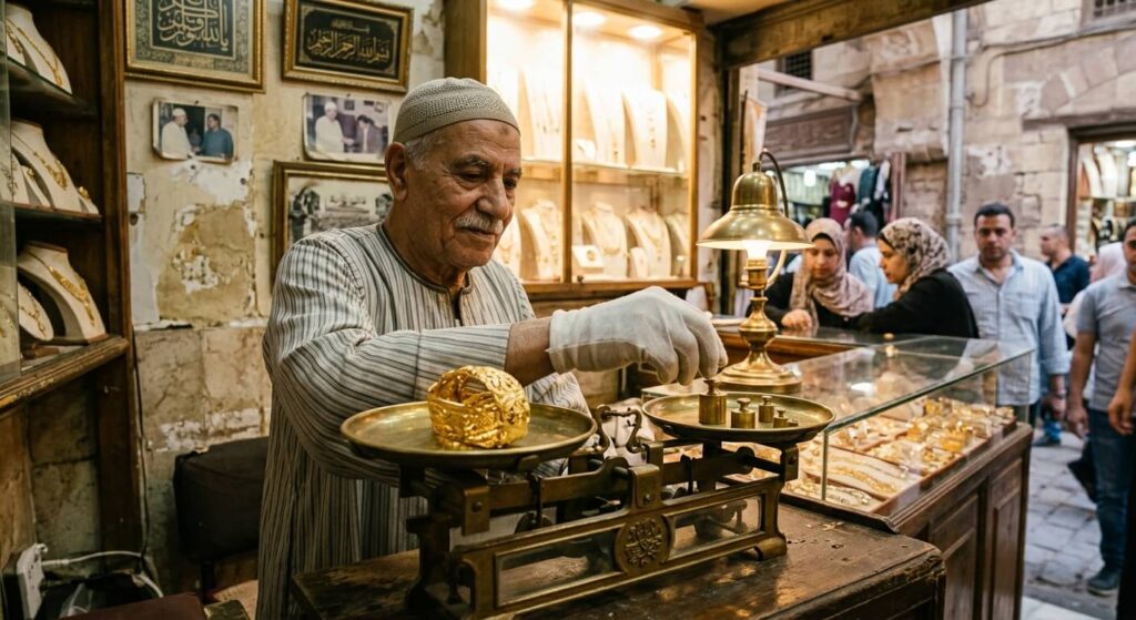 Prix des bijoux en or en Égypte : tarifs, carats et conseils d'achat 4 Bijoutier égyptien pesant un bracelet en or sur une balance de précision.