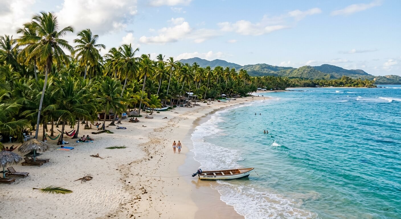 Une plage de sable blanc bordée de cocotiers à Las Terrenas dans la péninsule de Samaná.