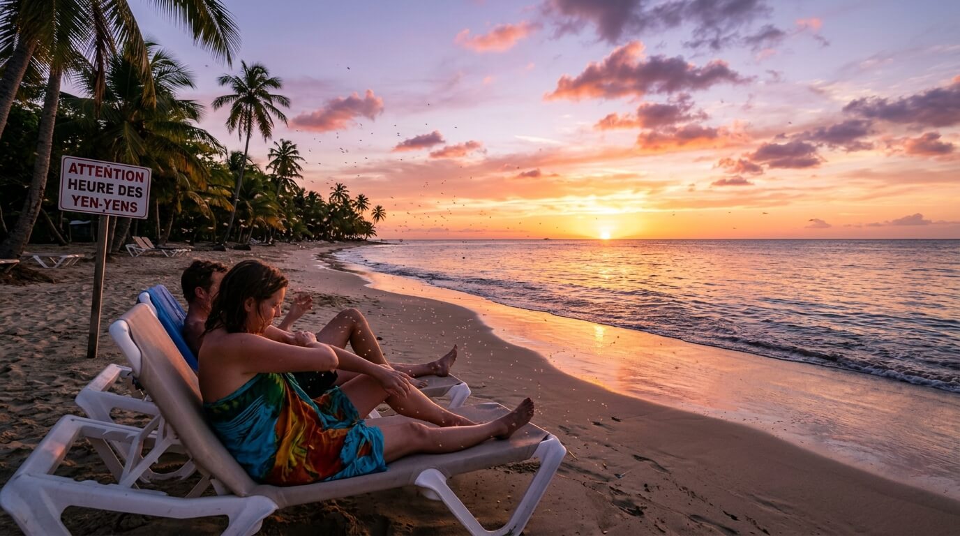 Une plage aux Antilles au coucher du soleil, moment de présence des yen-yens.
