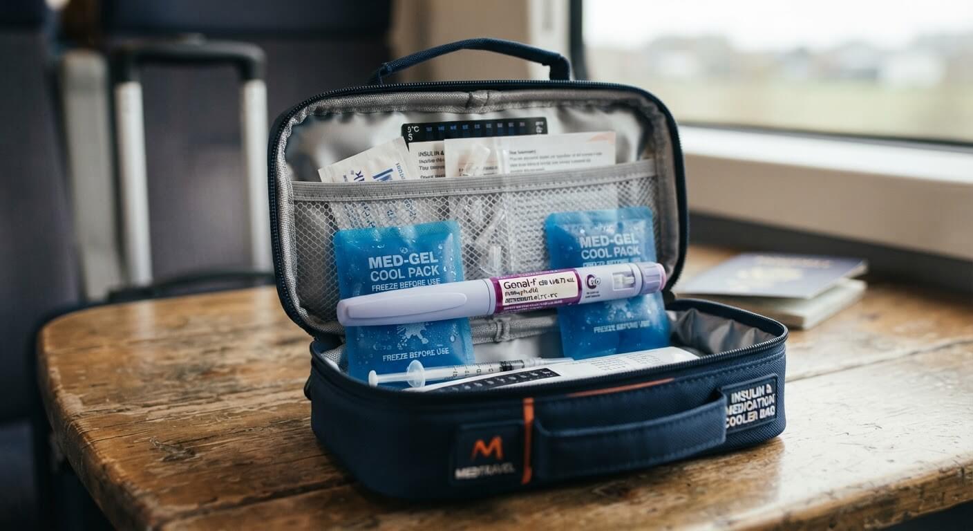 Trousse isotherme médicale contenant un stylo injectable de Gonal-F et des blocs de gel réfrigérant pour le voyage.