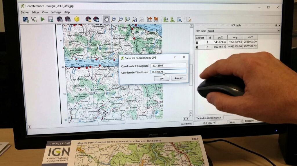 Comment géoréférencer une carte IGN sur PC : tutoriel pas à pas 3 Saisie des coordonnées GPS X et Y sur un point de contrôle cartographique.