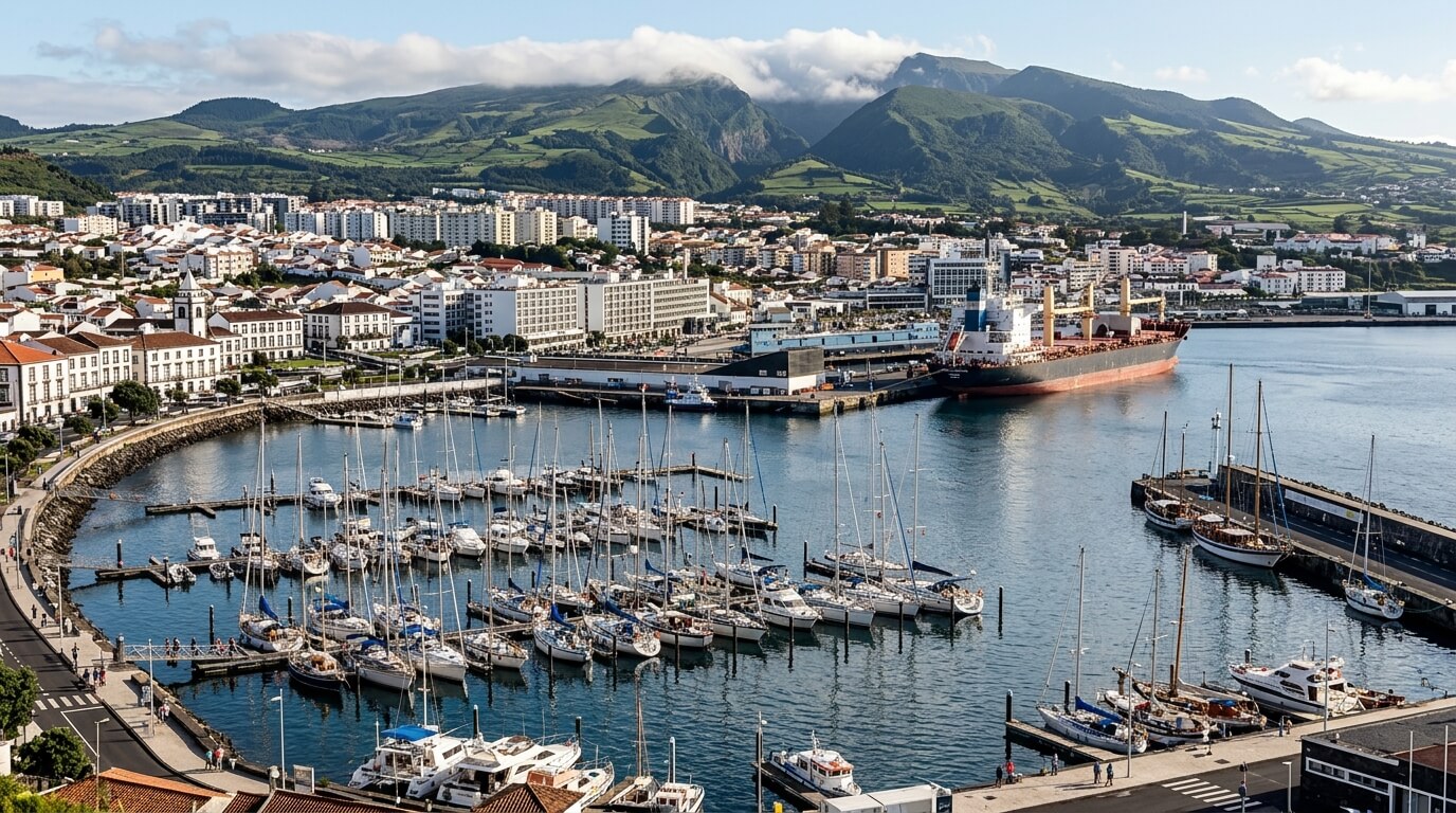 Bateau de transport et voiliers amarrés dans le port de Ponta Delgada aux Açores.