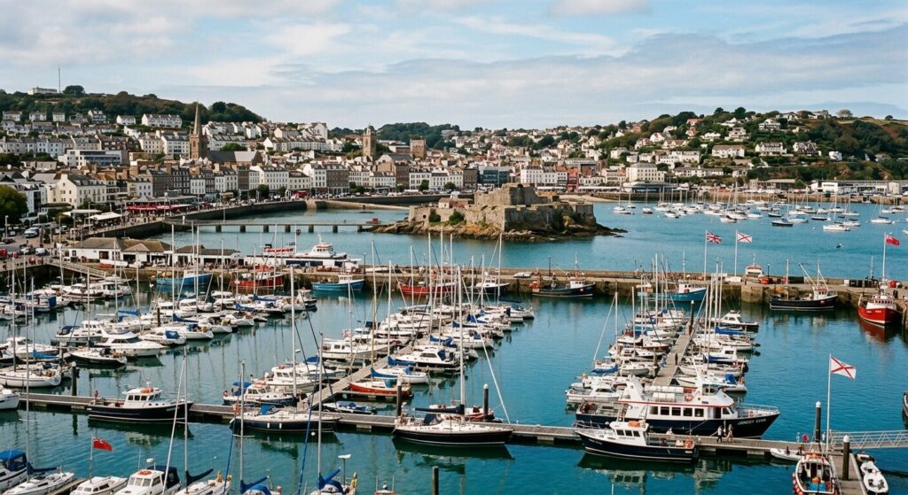 Visiter Jersey ou Guernesey : comment choisir son île anglo-normande ? 3 Vue sur les bateaux et la ville de Saint-Hélier sur l'île de Jersey.
