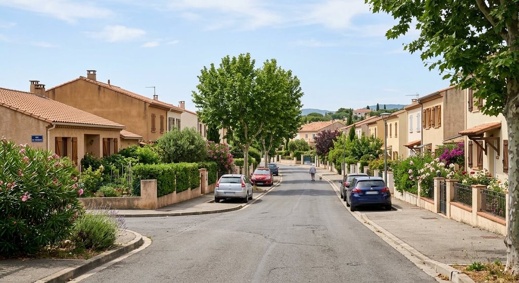 Rues résidentielles et pavillonnaires calmes dans les faubourgs de Perpignan.
