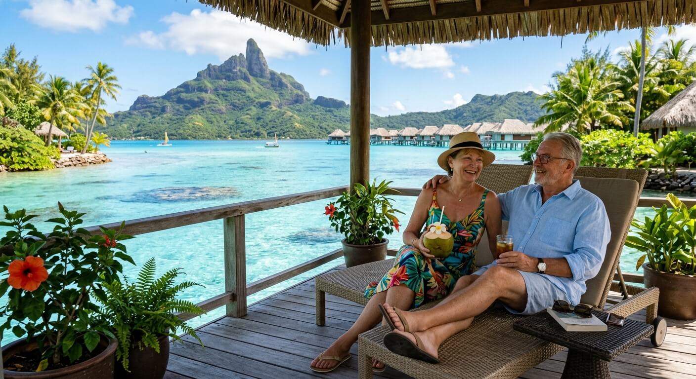 Couple de retraités profitant de leur retraite devant le lagon de Tahiti en Polynésie française.