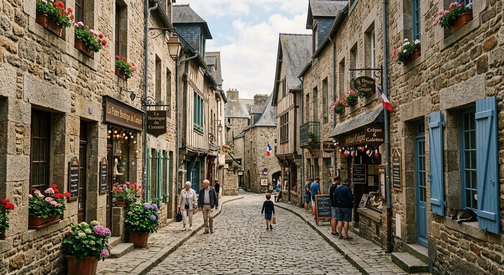 Ruelle pavée pittoresque bordée de bâtisses en pierre au cœur de la cité corsaire.