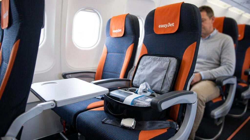 Sacoche de transport pour appareil de PPC posée sur un siège d'avion EasyJet.Sacoche de transport pour appareil de PPC posée sur un siège d'avion EasyJet.