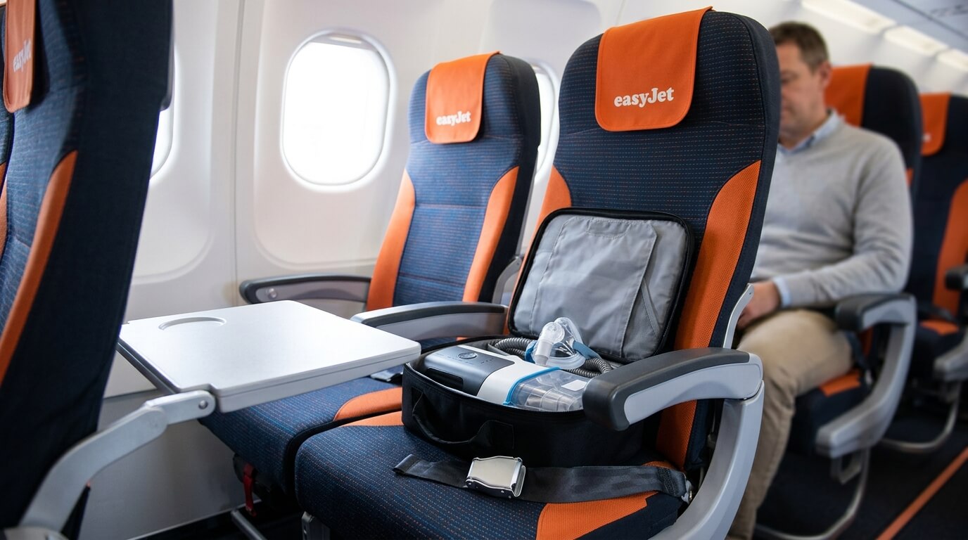 Sacoche de transport pour appareil de PPC posée sur un siège d'avion EasyJet.Sacoche de transport pour appareil de PPC posée sur un siège d'avion EasyJet.