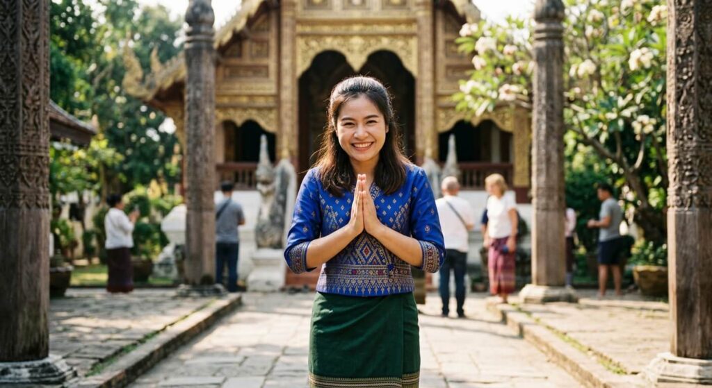 Femme thaïlandaise effectuant le salut traditionnel du Wai en souriant.