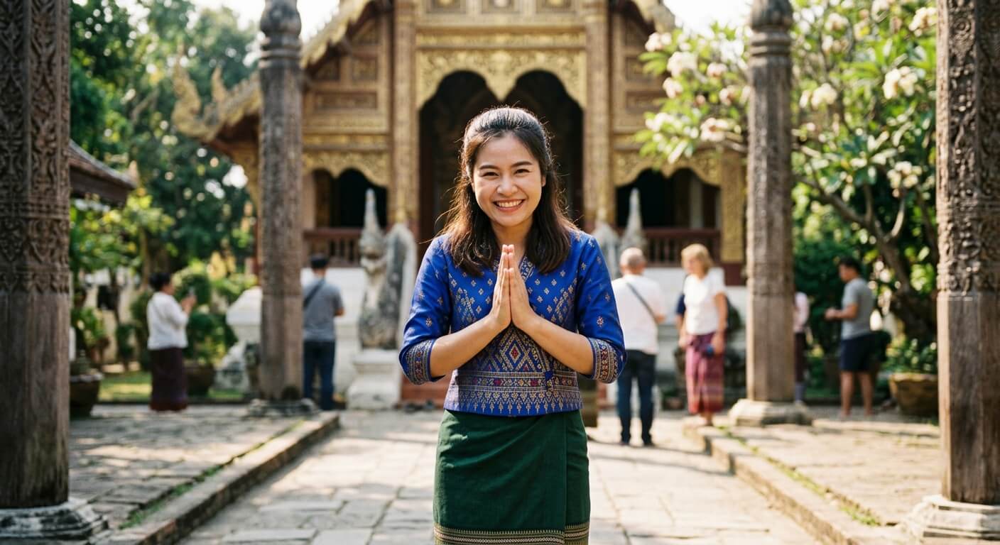 Femme thaïlandaise effectuant le salut traditionnel du Wai en souriant.