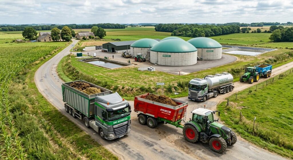 Camions et tracteurs transportant des matières organiques et du digestat vers un méthaniseur.