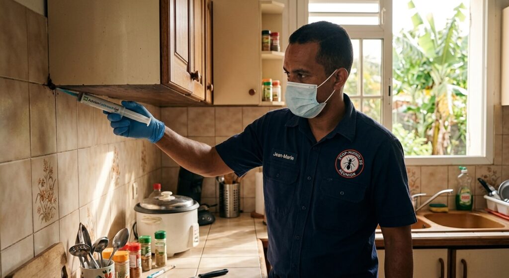 Application de gel insecticide professionnel dans les recoins d'une cuisine à La Réunion.