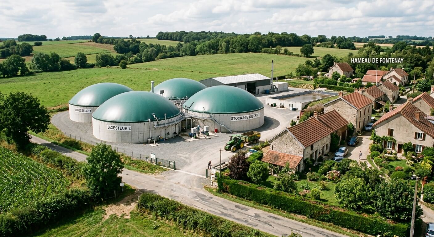 Cuves et dômes d'une unité de méthanisation agricole implantée à proximité d'habitations.
