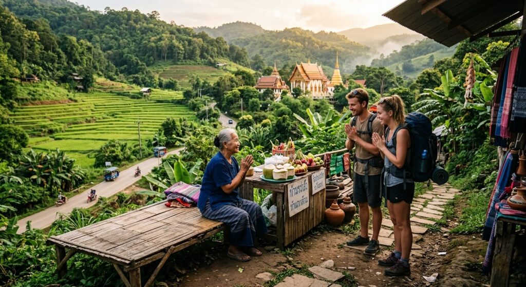 Paysage thaïlandais illustrant la culture du voyage et de la politesse locale.
