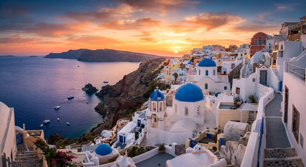 Une semaine à Santorin, trop long ? Cela dépend de ce que vous en faites 2 Maisons blanches aux dômes bleus surplombant la caldeira au coucher du soleil à Oia.