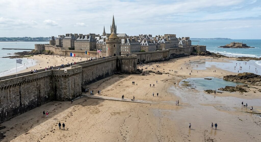 Remparts historiques de Saint-Malo Intra-Muros bordant la plage à marée basse.
