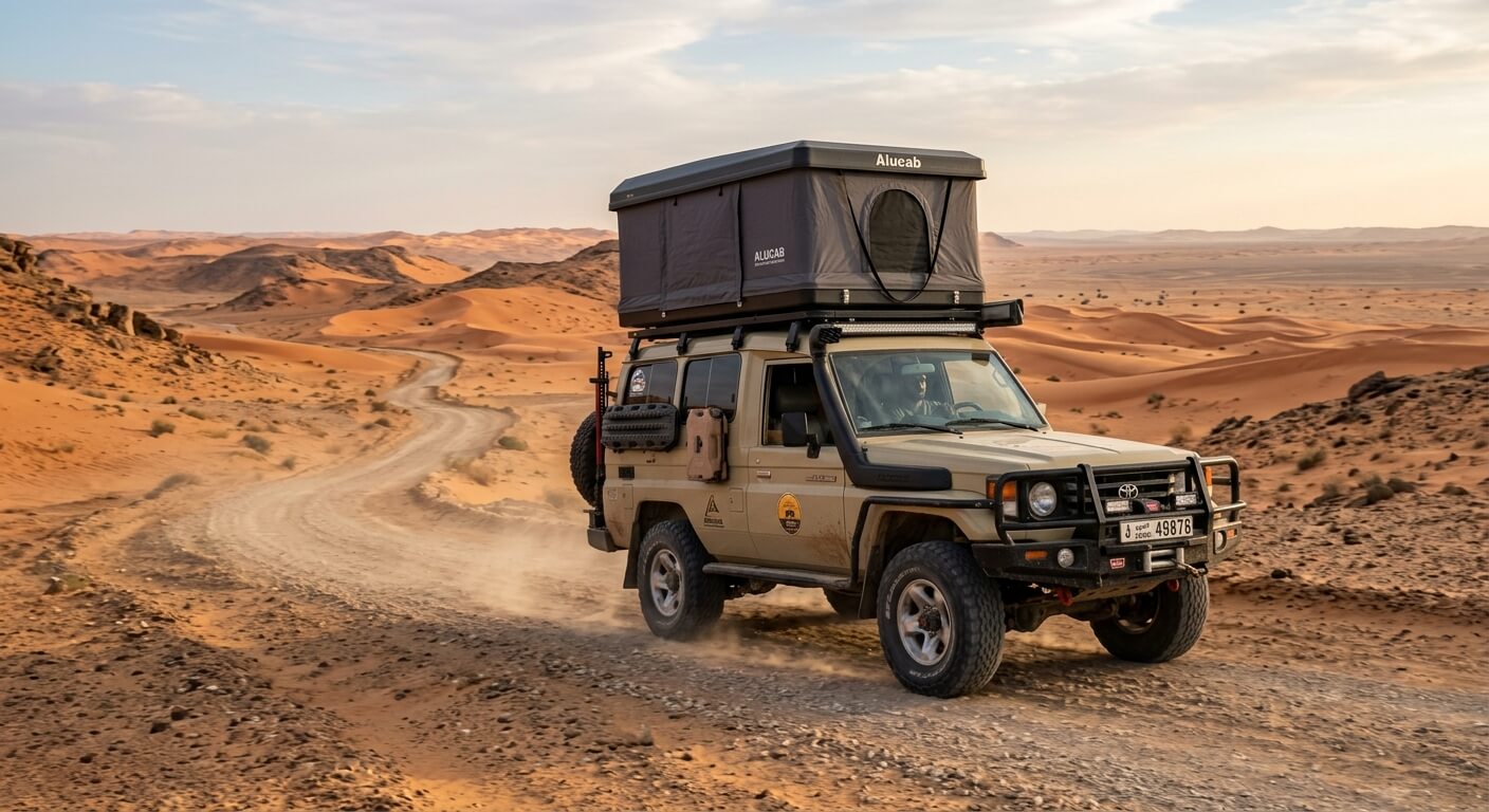 Véhicule 4x4 d'expédition équipé d'une tente de toit roulant sur une piste désertique du Golfe.