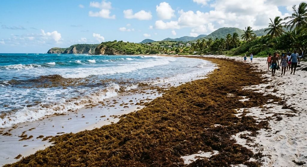 Présence d'algues sargasses sur le rivage d'une plage de Grande-Terre en Guadeloupe.