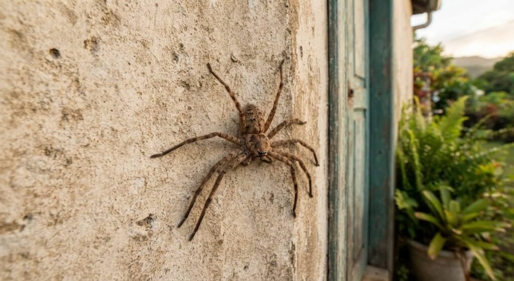 Grande araignée Babouk (Heteropoda venatoria) inoffensive posée sur un mur à La Réunion.