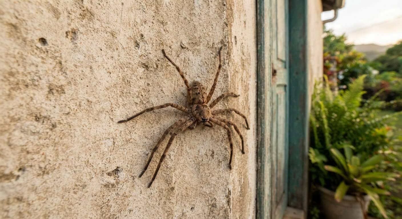 Grande araignée Babouk (Heteropoda venatoria) inoffensive posée sur un mur à La Réunion.