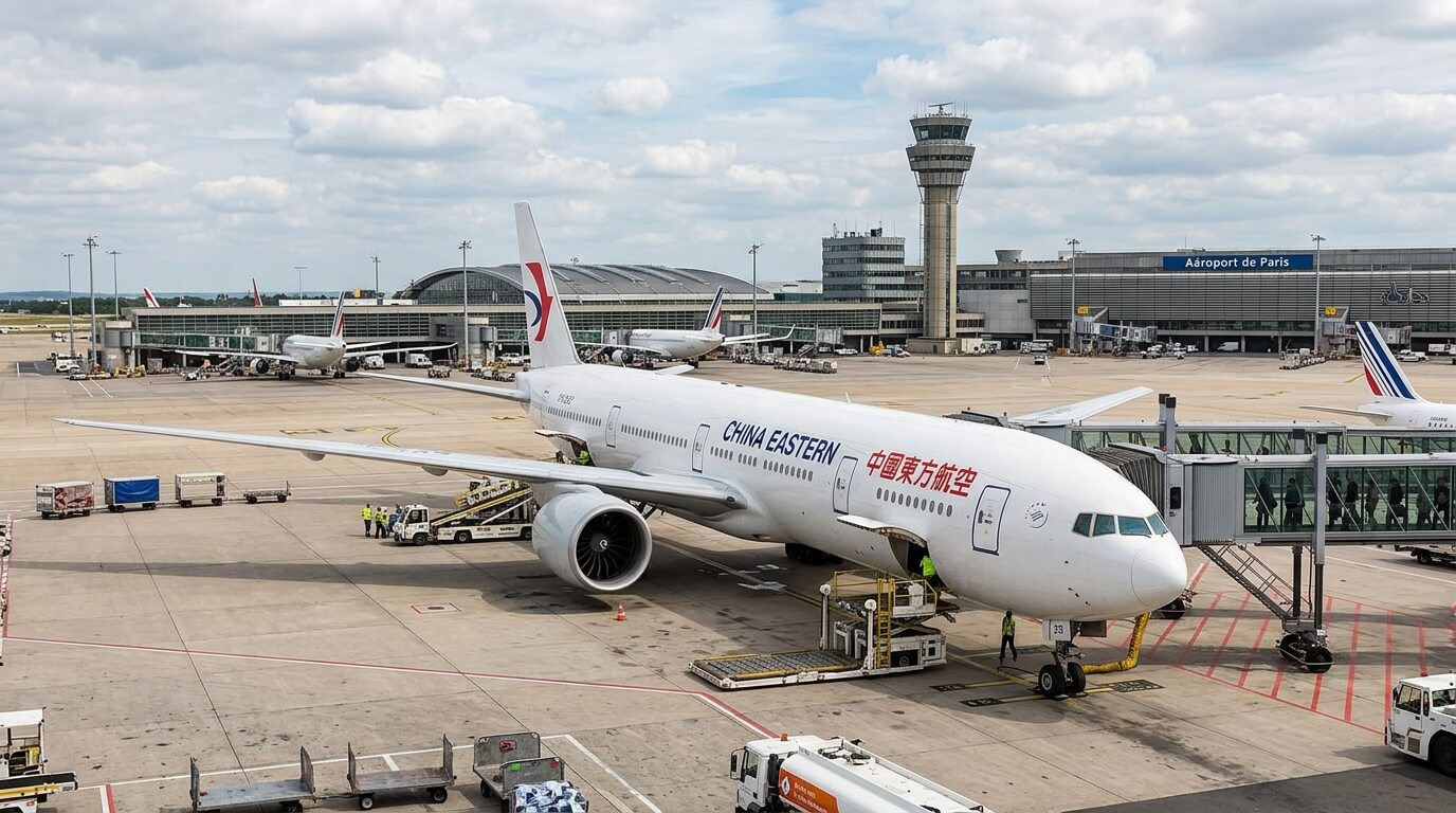 Boeing 777 de la compagnie China Eastern Airlines stationné sur le tarmac de l'aéroport de Paris.