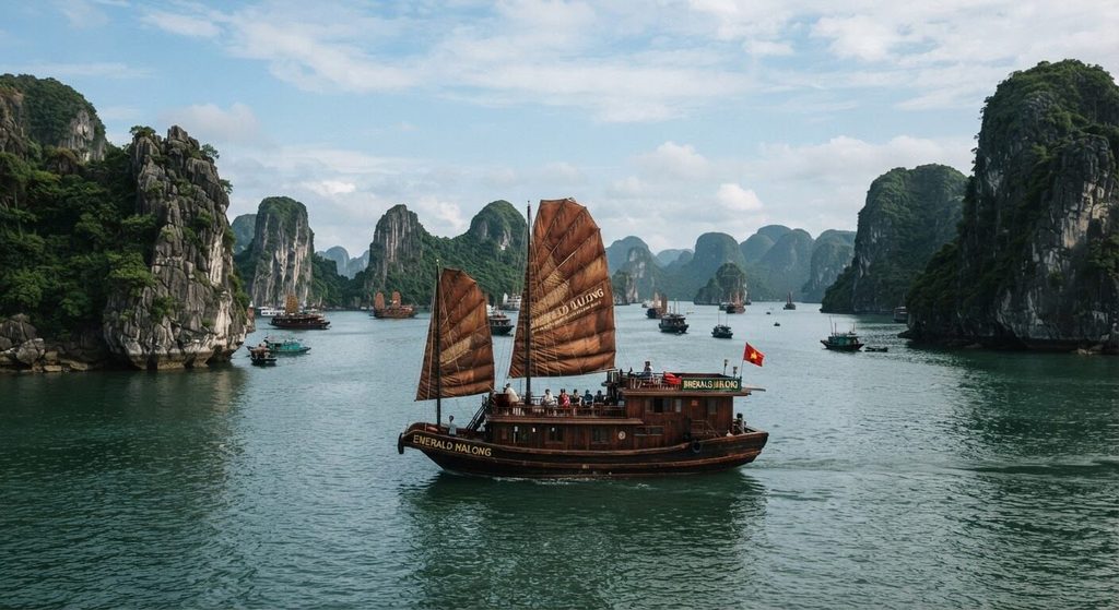 Vietnam ou Cambodge : comment choisir votre voyage en Asie du Sud-Est ? 3 Jonque traditionnelle naviguant entre les pitons karstiques de la baie d'Halong au Vietnam.