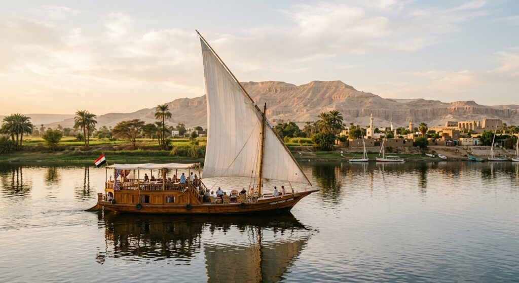 Croisière sur le Nil : est-ce dangereux, ce qu'il faut vraiment savoir 2 Bateau de croisière traditionnel naviguant paisiblement sur les eaux calmes du Nil près de Louxor.
