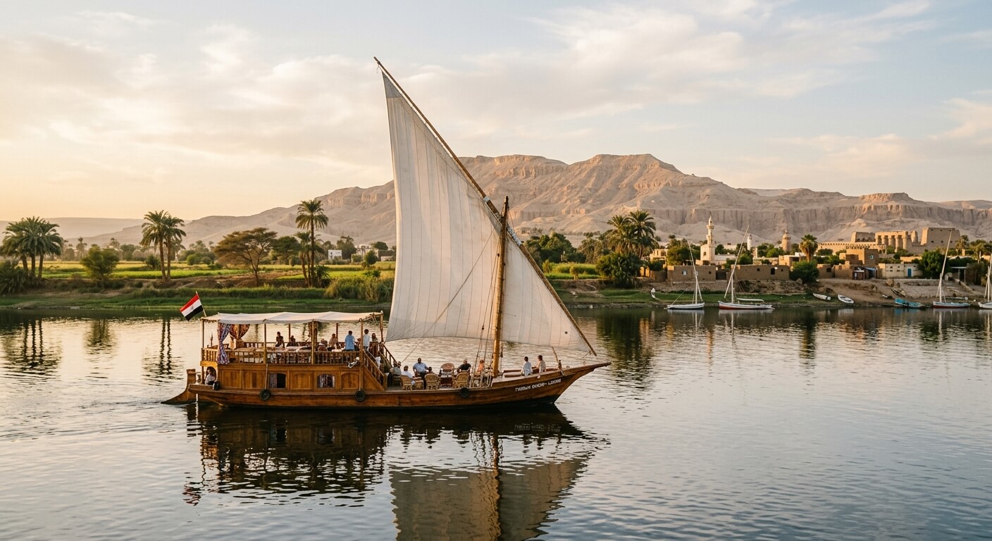 Bateau de croisière traditionnel naviguant paisiblement sur les eaux calmes du Nil près de Louxor.