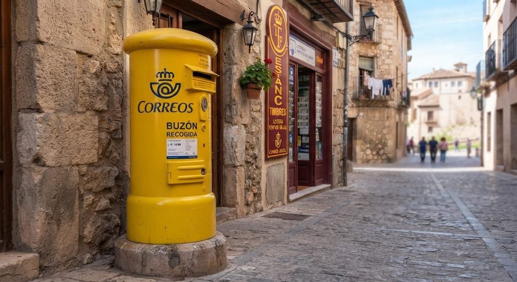 Acheter des timbres en Espagne : où aller et combien ça coûte ? 4 Boîte aux lettres cylindrique jaune de la poste espagnole Correos installée sur un trottoir.