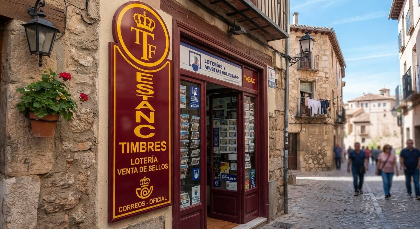 Enseigne officielle Estanco bordeaux et jaune pour acheter des timbres postaux en Espagne.