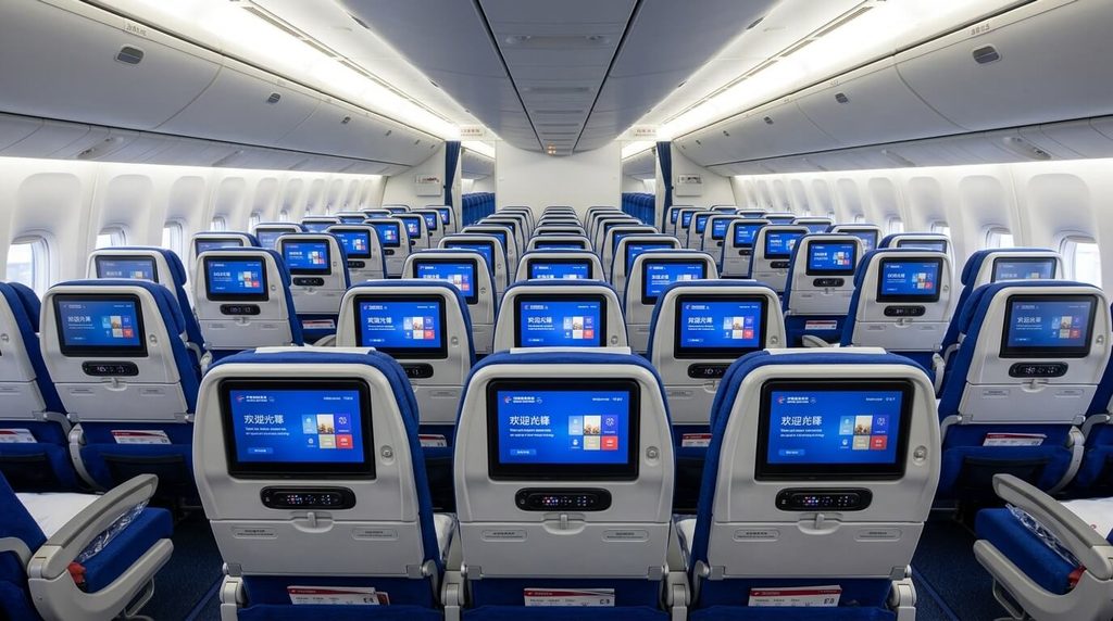 Avis sur China Eastern : ce que disent vraiment les voyageurs 3 Rangées de sièges en classe économique avec écrans individuels à bord d'un vol long-courrier China Eastern.