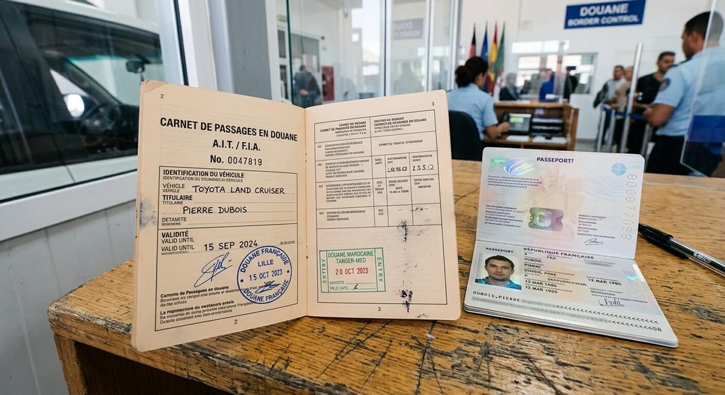 Carnet de Passages en Douane (CPD) officiel ouvert sur le passeport pour passer les frontières en voiture.
